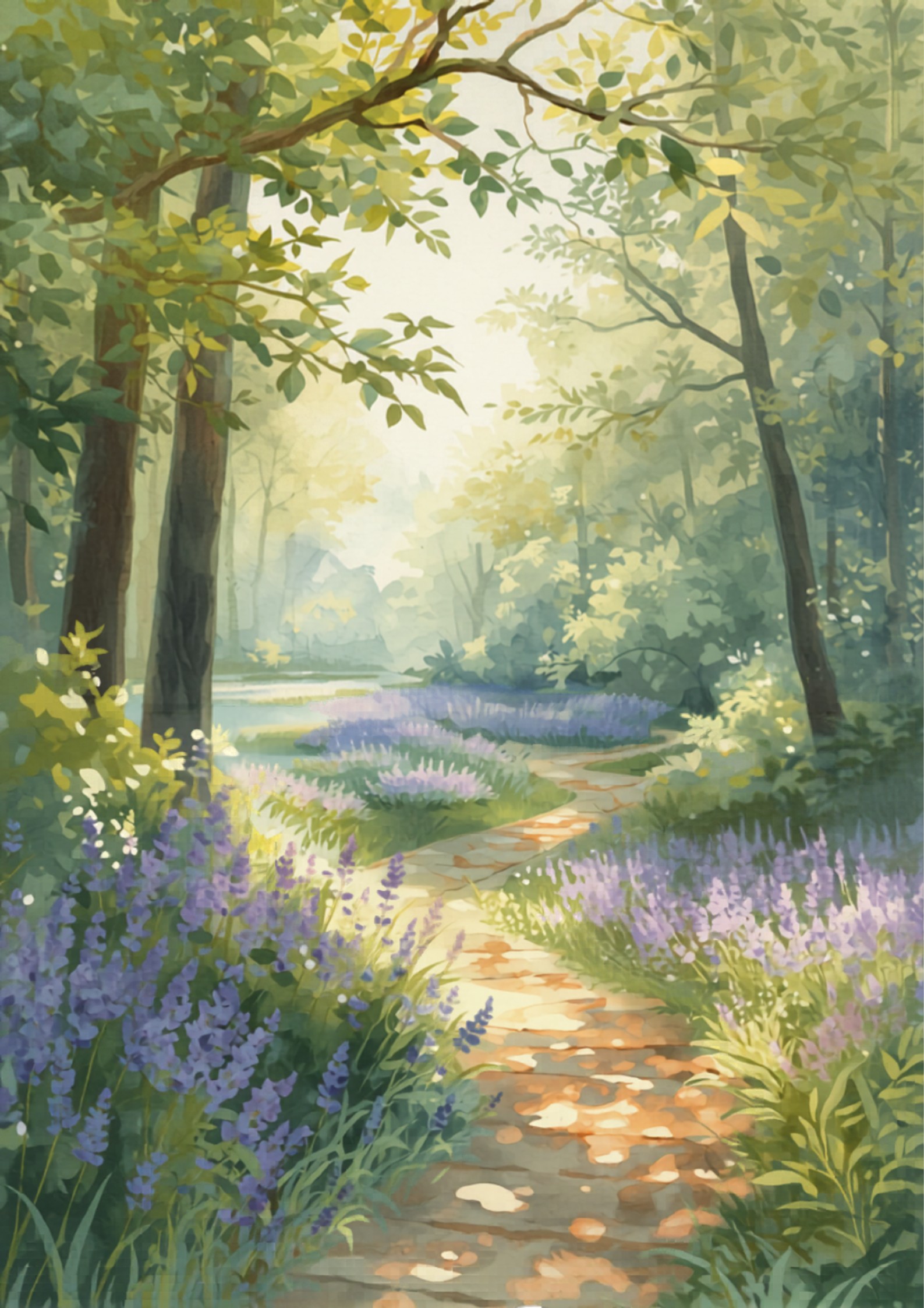Watercolor illustration of a misty woodland river path — evoking the poetic world of Karen A. Irizarry