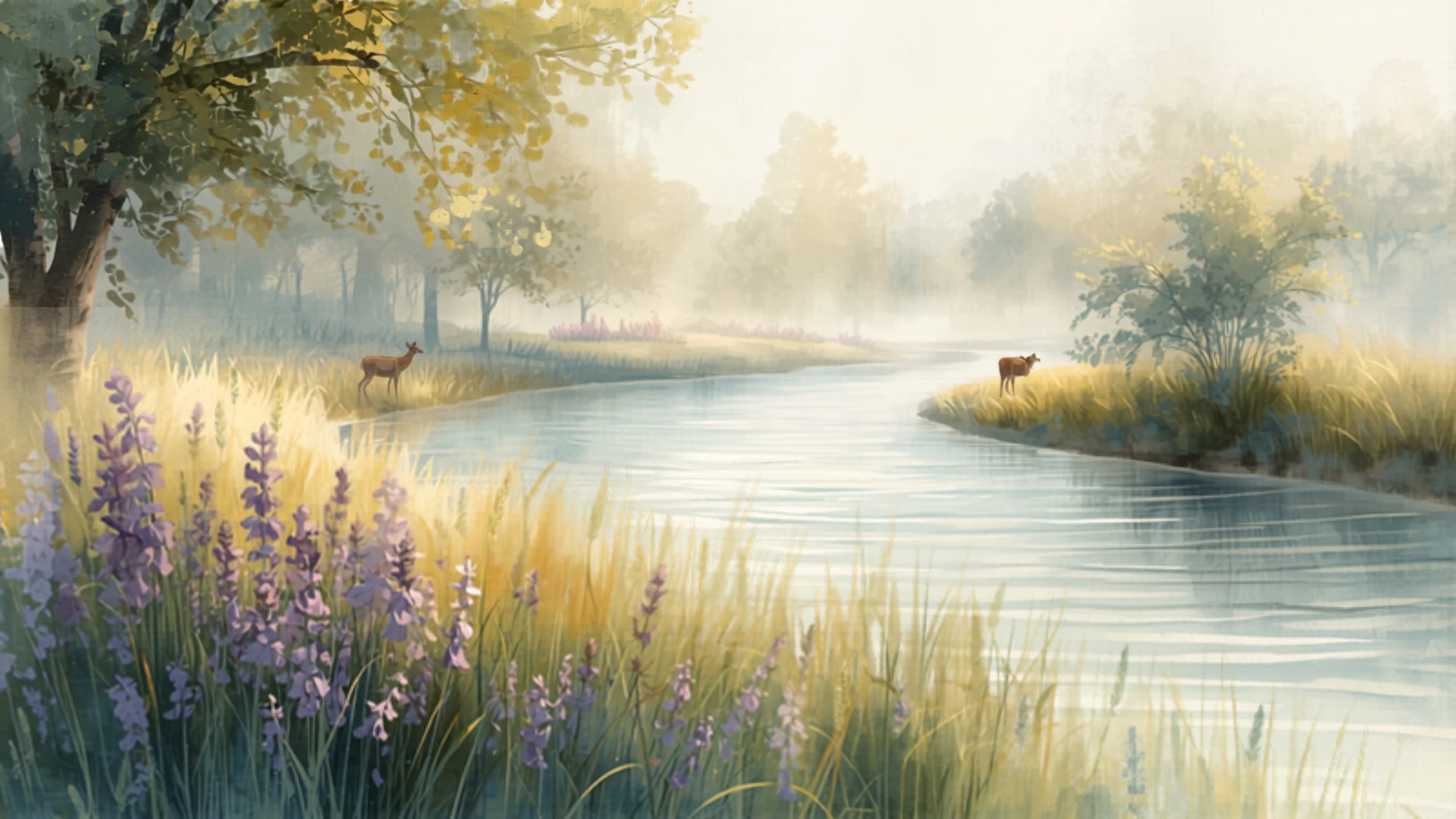 Misty watercolor river landscape with purple wildflowers — evoking the natural world in Karen Irizarry's poetry